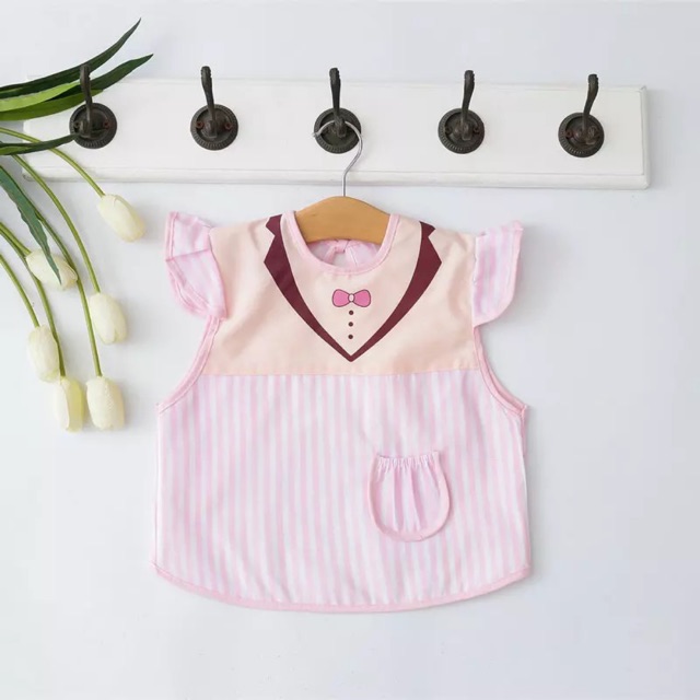 Áo yếm cộc tay dáng váy hoạ tiết cổ sơ mi cho bé ăn dặm