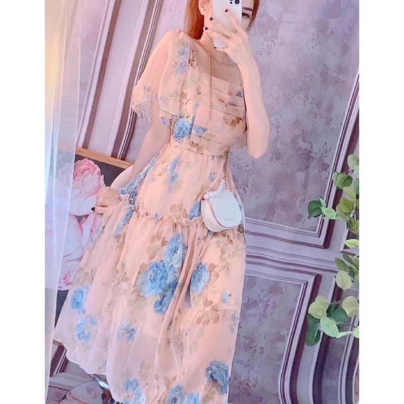 VÁY VOAN LỤA CỔ VUÔNG XẾP NGỰC 2 LỚP BÔNG NHÍ