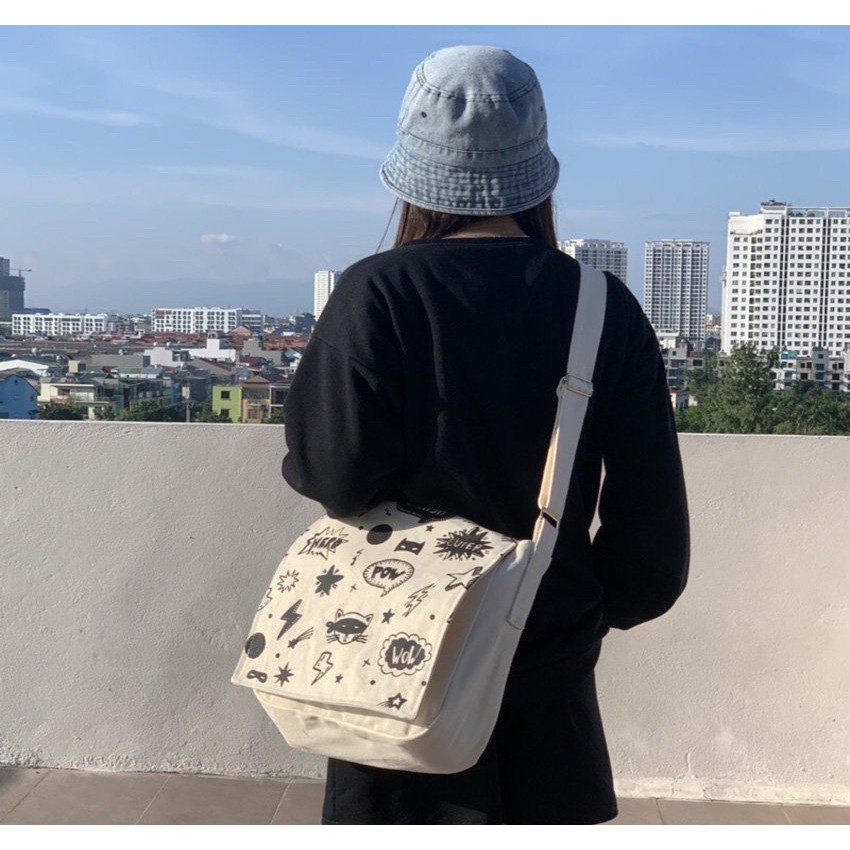 Túi đeo chéo vải canvas đựng đồ, vừa sách vở đi học hàng chất lượng phong cách Uzzang Unisex