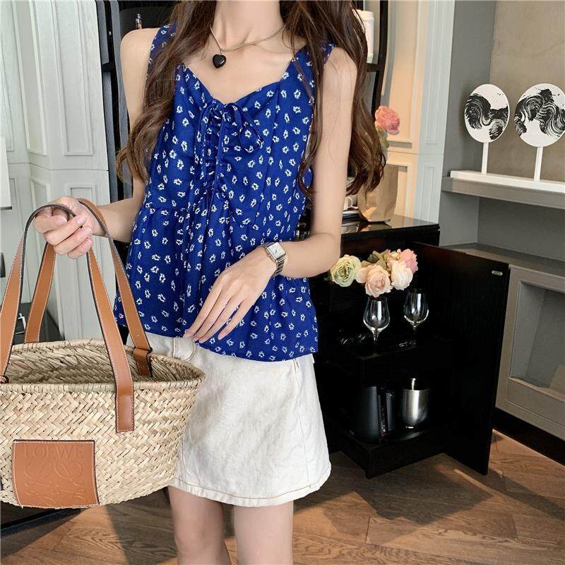 Áo Hai Dây Cổ Chữ V In Hoa Màu Xanh Lá Phong Cách Hàn Quốc Thời Trang Cho Nữ