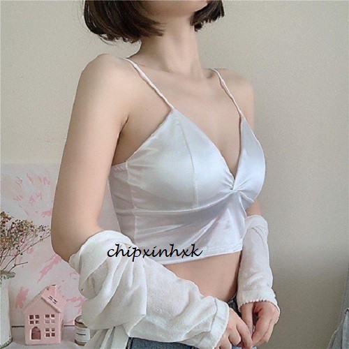 Áo bra lụa CHIPXINHXK dáng croptop, 2 dây có đệm ngực - Màu Trắng