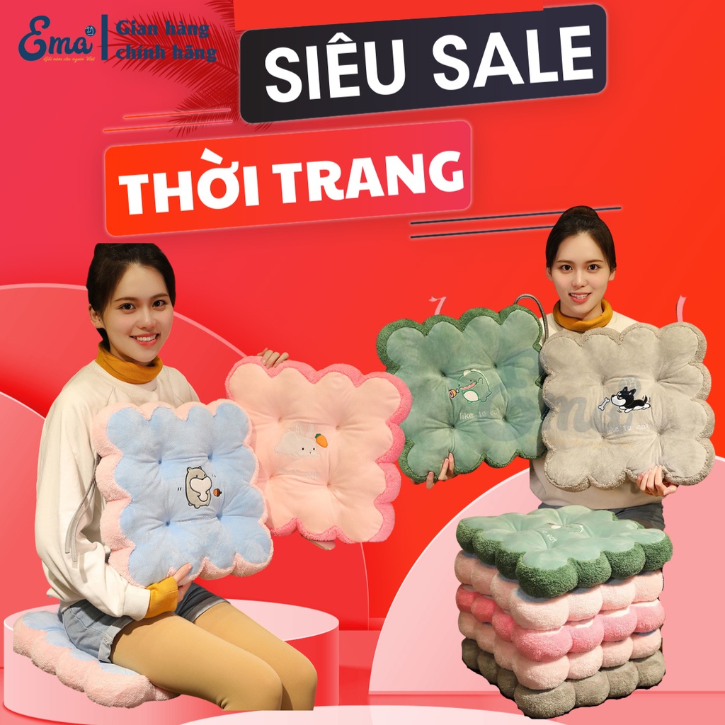 Đệm lót ghế văn phòng hình thú dễ thương Ema, Nệm lót mông, ngồi bệt, tựa lưng cao cấp kích thước 40x40cm