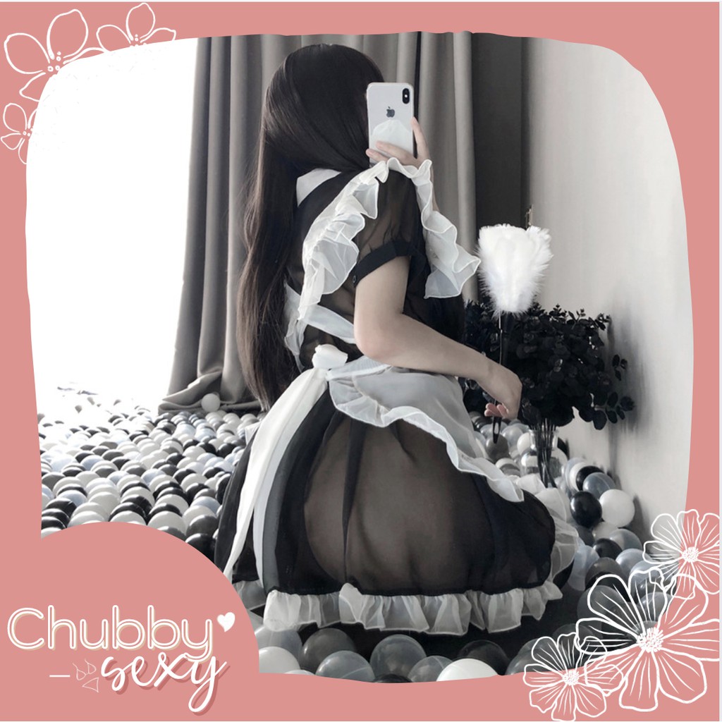 Cosplay Sexy Hầu Gái - Siêu phẩm set đồ cô hầu gái ren đen yếm trắng nơ đỏ - CPL16 - Chubby.sexy