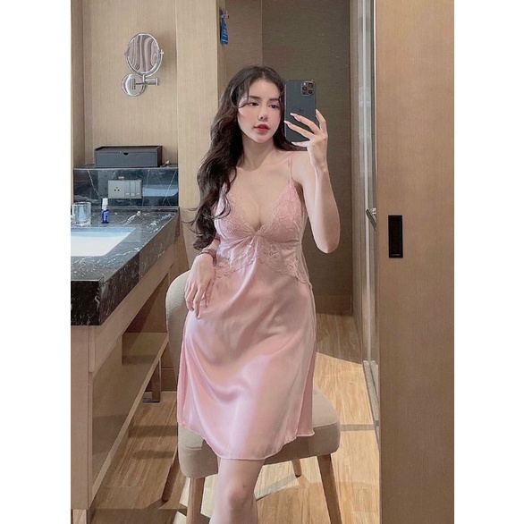 Đầm ngủ gợi cảm có mút ngực Chất Lụa Latin phối ren sang trọng Đồ ngủ nữ sexy