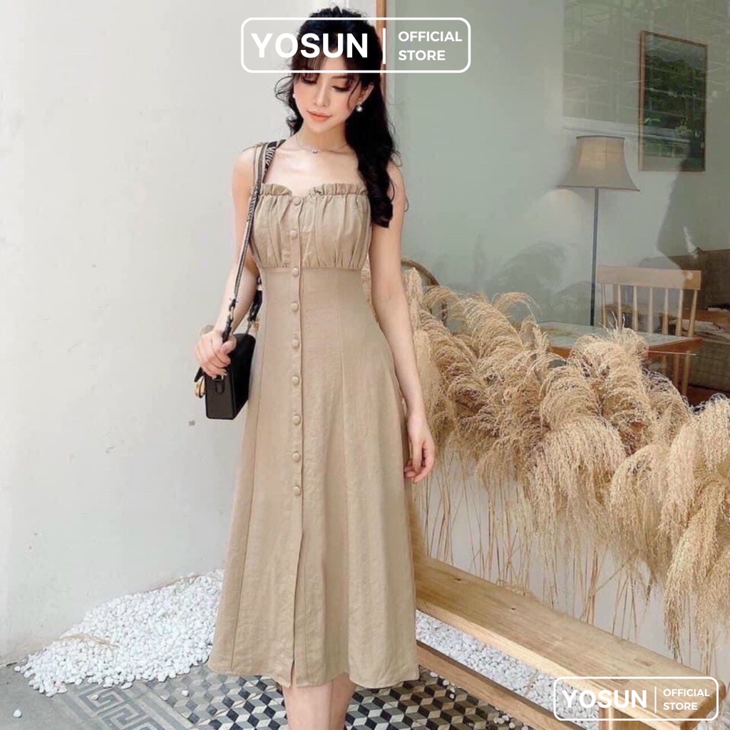 Đầm Nữ Dự Tiệc Hai Dây Nhúng Ngực Sang Chảnh, Váy Thiết Kế Nút Bọc Dáng Xòe Xinh Xắn 2 Màu Trắng Kem