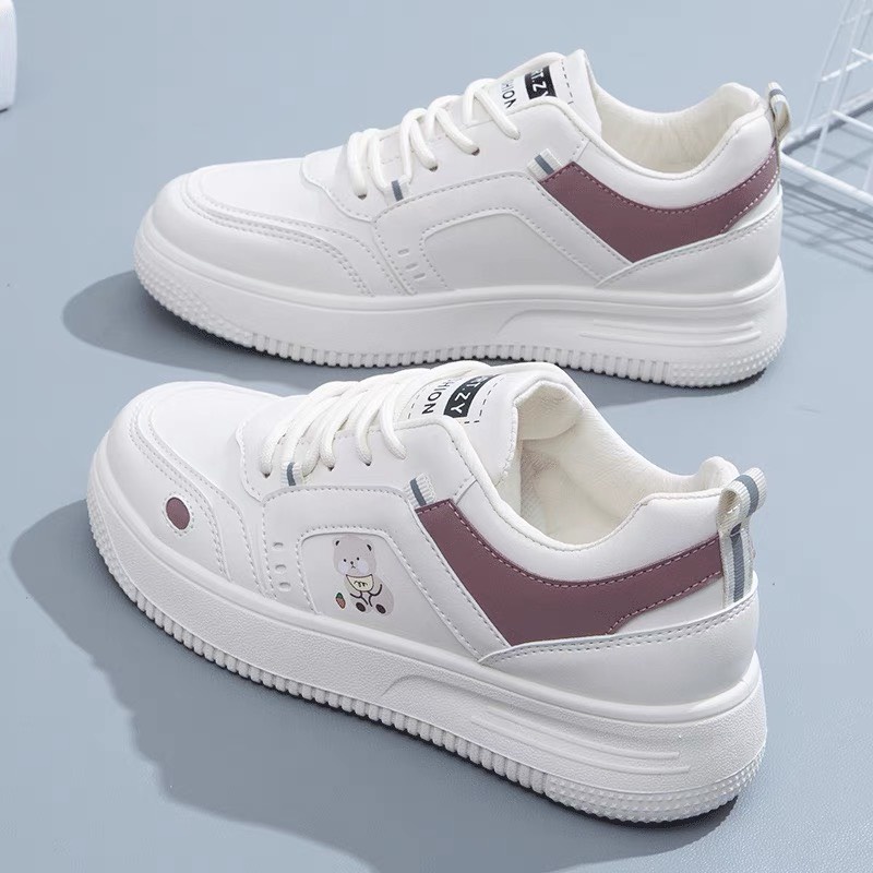 Giày thể thao nữ trắng, Giày nữ hình gấu cute phong cách Hàn Quốc hot 2023 màu trắng be da cao cấp size 36-40 [023]