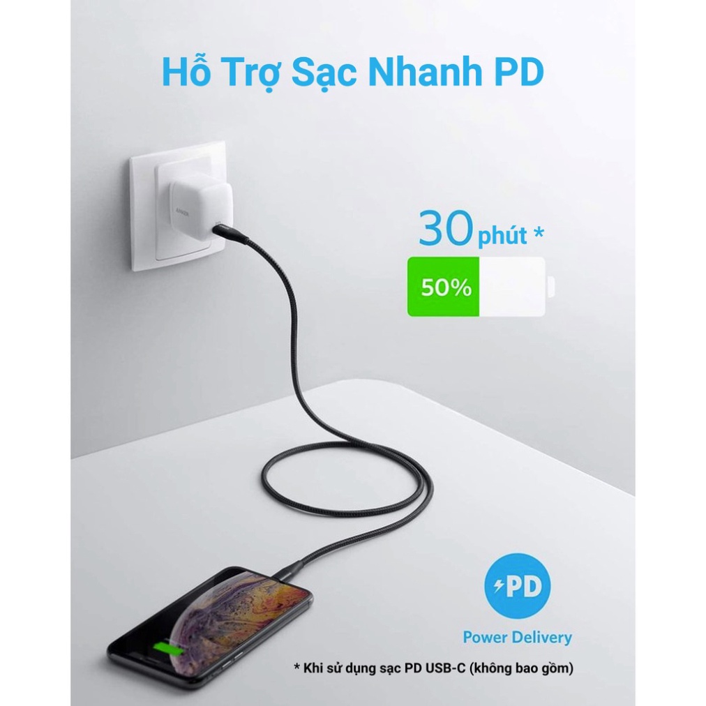 [Không kèm bao da] Cáp sạc ANKER PowerLine+ II Lightning to USB-C dài 0.9m - A8652