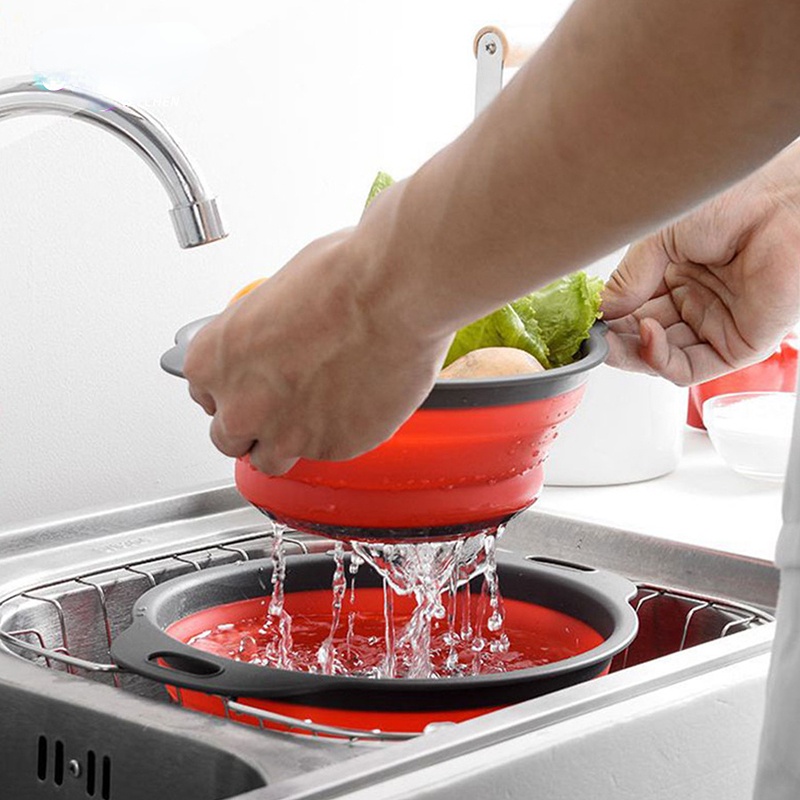 Nitrogen071 Rổ lướt SILICON gấp gọn TRÒN_HÀNG CÓ SẴN - 2 cái Giỏ rửa rau củ quả
