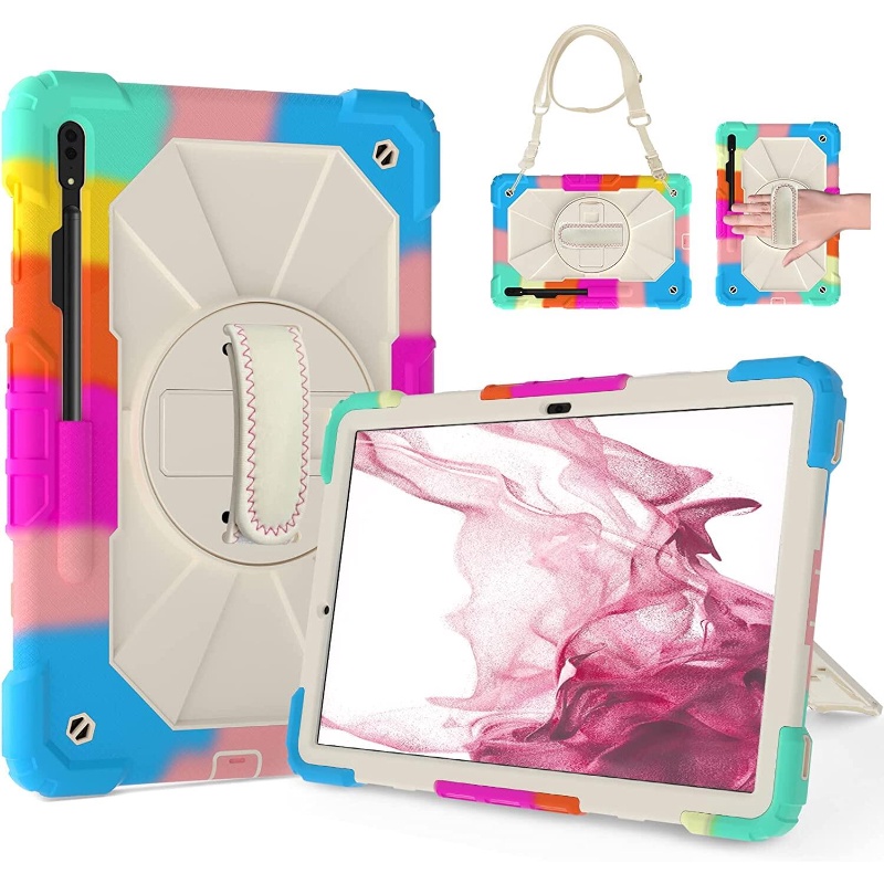 Trẻ Em 360 ° Ốp Máy Tính Bảng 3 Lớp Chống Sốc Có Tay Cầm Xoay + Dây Đeo Vai Cho Samsung Galaxy Tab S8 Plus 2022 Tab S7 FE 2021 Tab S7 Plus 2020 Tab S8 2022 Tab S7 2020