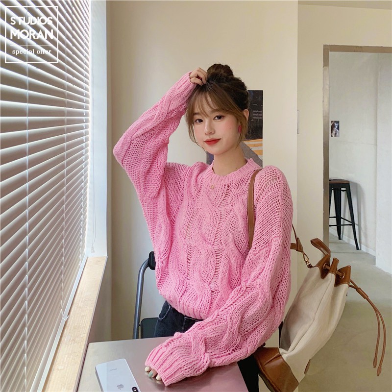 KÈM ẢNH THẬT- (ORDER) Áo len đan vặn thừng MORAN form thụng màu hồng ngọt ngào mùa đông Hàn Quốc