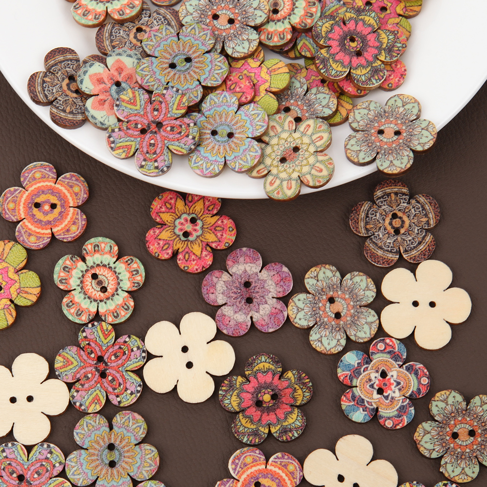 Set 50 Nút Gỗ 20 / 25mm In Họa Tiết Vintage Bảo Vệ Môi Trường