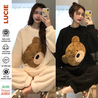 Bộ ngủ bông dài tay hình gấu LUCIE, đồ ngủ nữ, chất lông mềm mịn, dày dặn, gấu cute, thêu, dệt hoạ tiết, hàng quảng châu