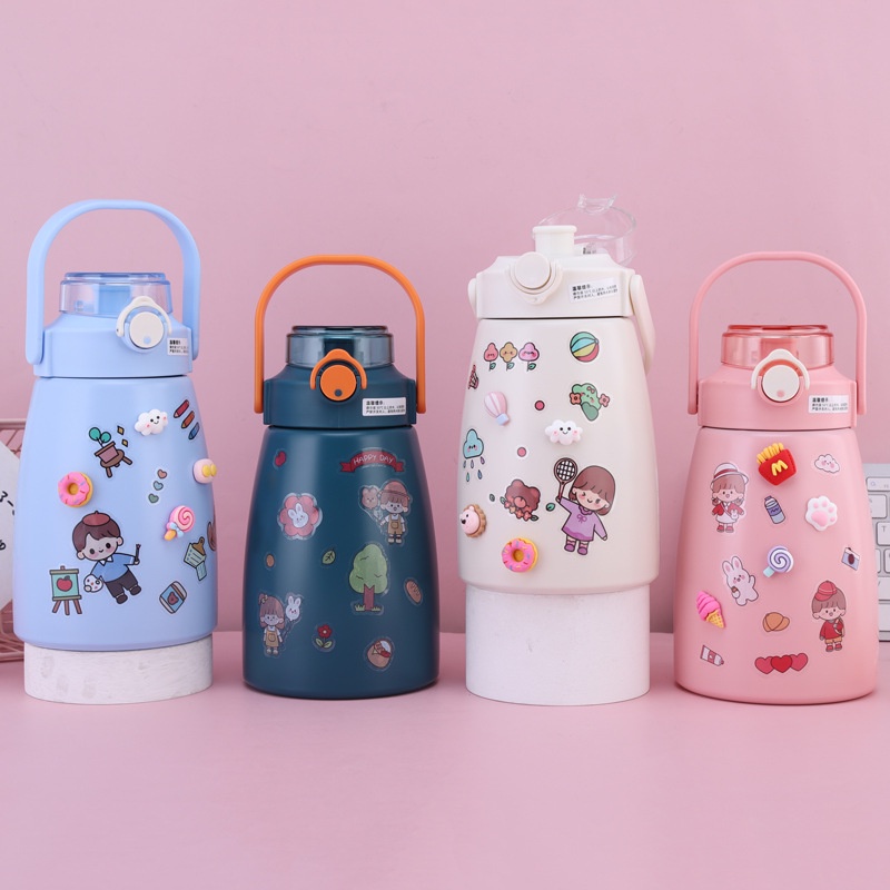 Bình giữ nhiệt 800ml có quai cao cấp kèm ống hút và sticker dễ thương