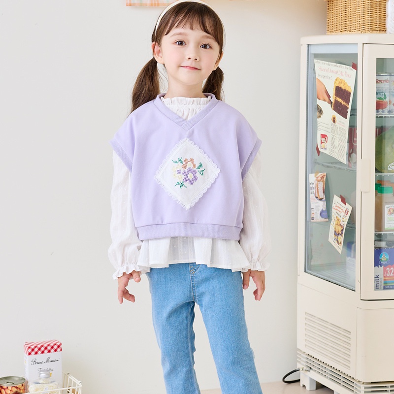 Áo gile Bebezoo nỉ da cá cổ tim đáp hoa ngực 2 màu tím / hồng
