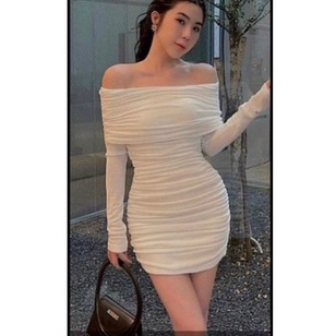 Đầm Body Nữ Dáng Ngắn Bẹt Vai Tay Dài Nhún Sườn