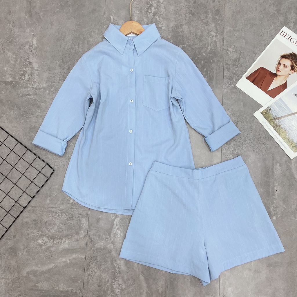 Bộ đũi nữ áo sơ mi cổ Đức quần short, Set đũi nữ áo sơ mi cổ Đức quần short đi biển