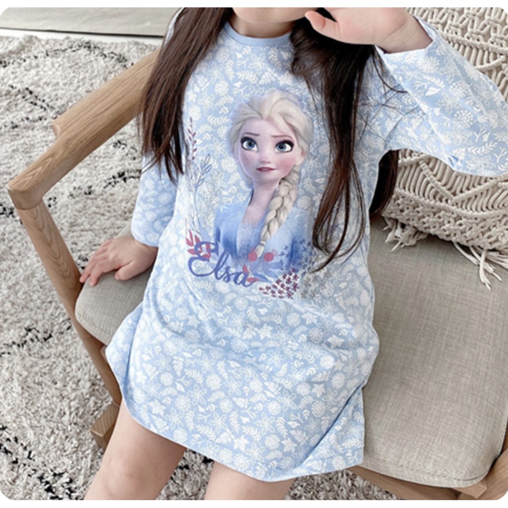 VÁY thun COTTON BÉ GÁI Dài tay in hình Elsa xinh xắn (11-30kg)