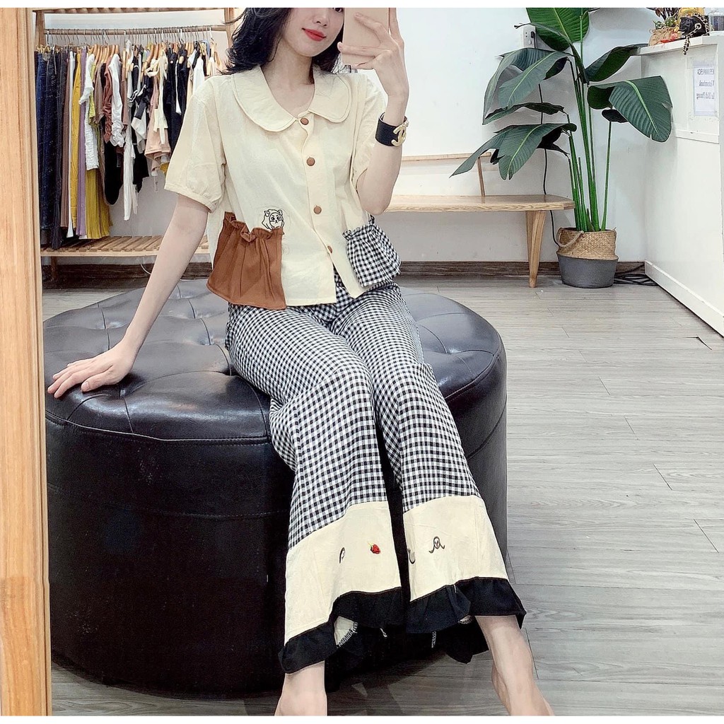 Set Bộ Đũi Bèo Phối Nâu Cổ Sen Mix Quần Kẻ Caro Bèo