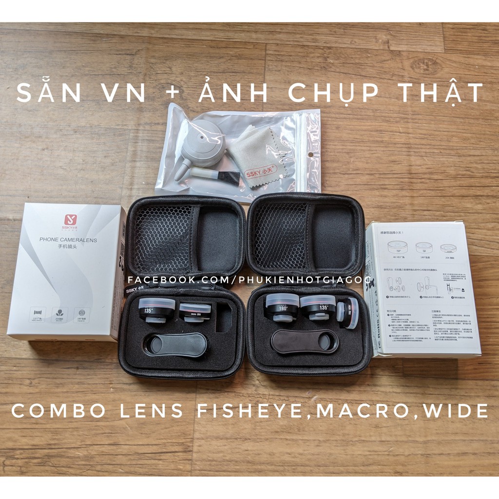 Bộ combo lens ssky chụp ảnh kẹp góc rộng Wide 135 , Fisheye 180 , Macro 20x cho điện thoại Iphone , Samsung, Pixel