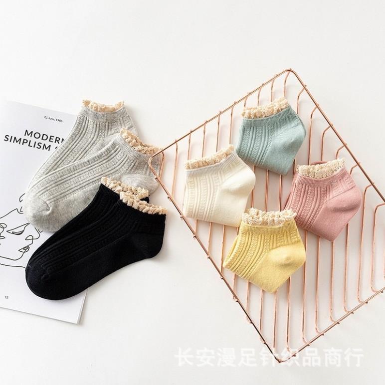 Tất vớ nữ cổ ngắn len gân phối cổ bèo nhún Vintage phong cách Hàn Quốc