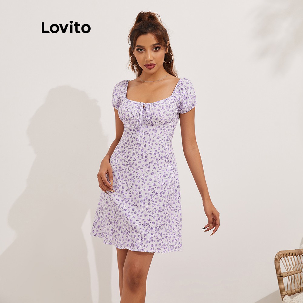 Đầm Lovito viền bèo thắt dây in hoa nhí phong cách thường ngày L13X033 (màu tím) | BigBuy360 - bigbuy360.vn