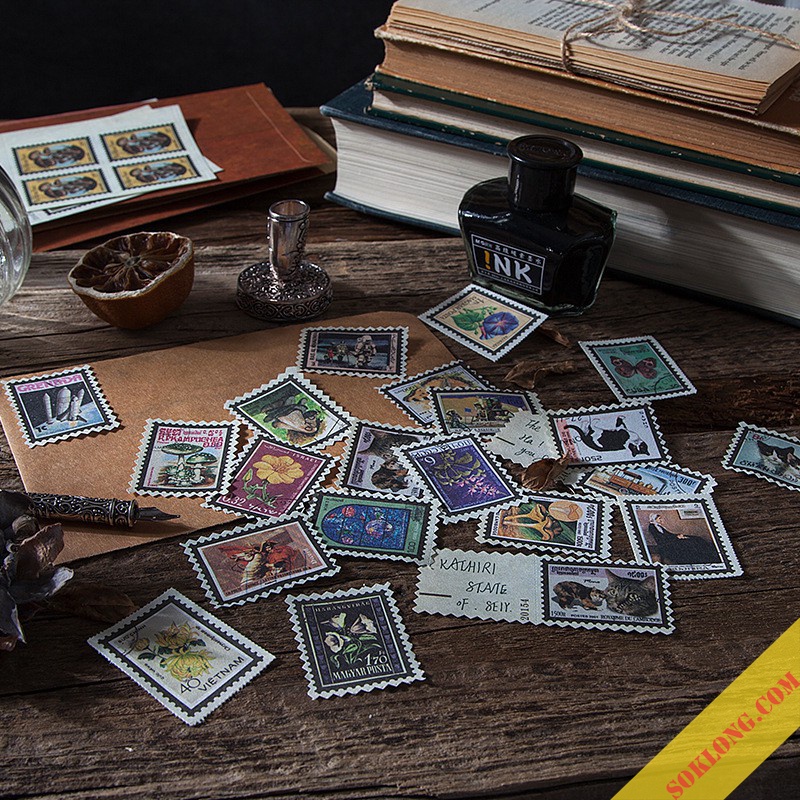 Bộ 40 tem dán nhãn sticker cổ điển vintage - Tập phong bì tem retro Tuệ Minh