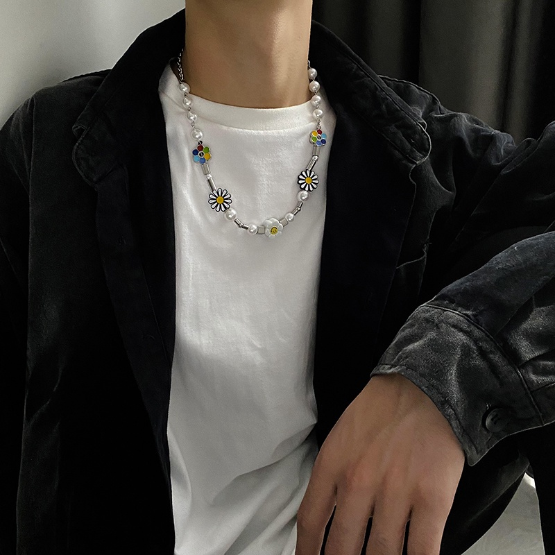 Dây chuyền chuỗi hạt ngọc trai trang trí phụ kiện hình hoa hướng dương phong cách hip hop cho nam và nữ