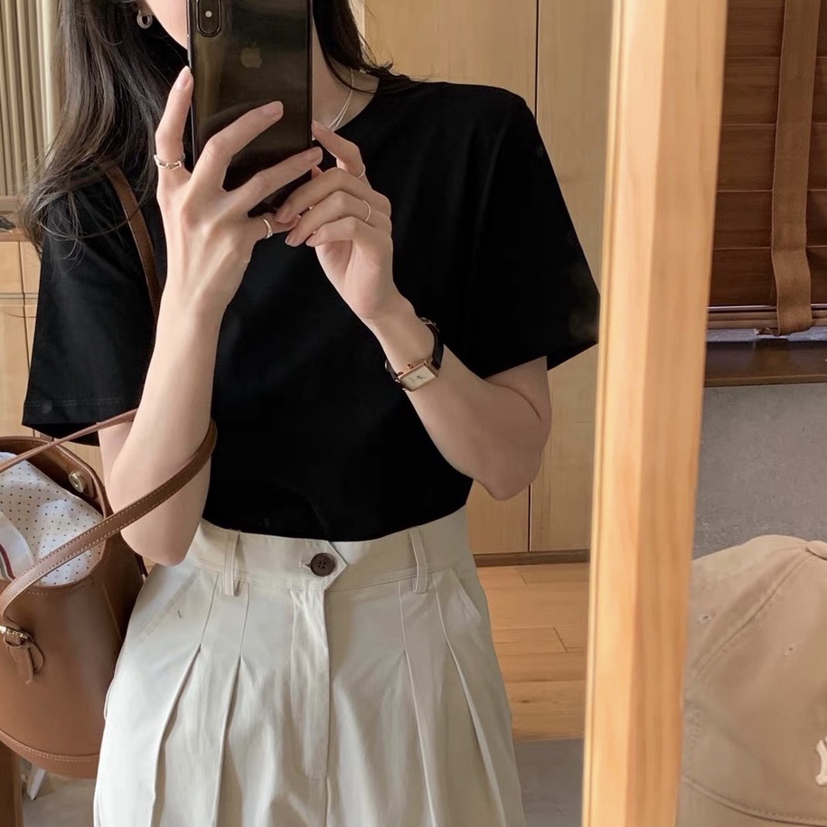 Áo Thun Phông Nữ Basic Màu Đen Trắng Chất Cotton Loại 1 Đủ Size Năng Động Mặc Đi Học Đi Chơi