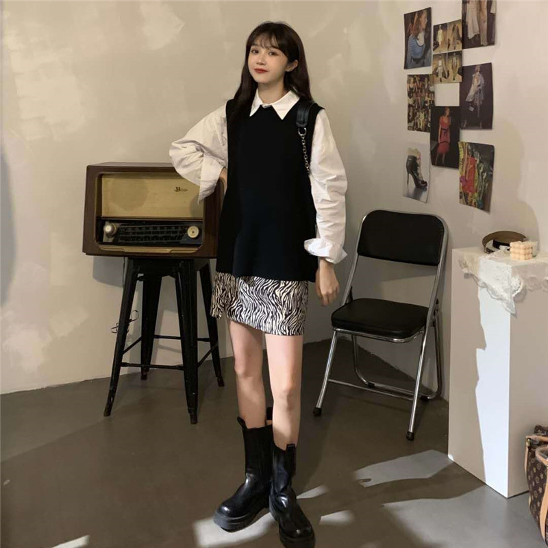 Set áo sơ mi tay dài kèm áo khoác len không tay và chân váy chữ A thời trang dành cho nữ | BigBuy360 - bigbuy360.vn