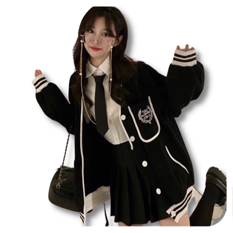 Áo cardigan , áo khoác nỉ nam nữ đen trắng viền CBLU cúc cài phối màu sọc Freeship | BigBuy360 - bigbuy360.vn