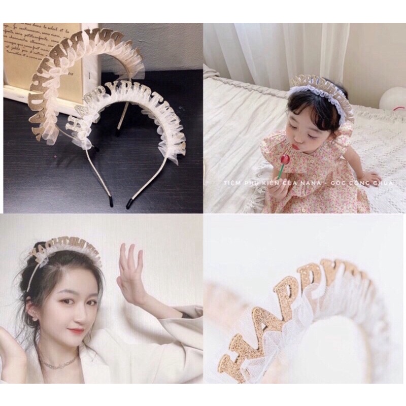 Cài bờm tóc Happy Birthday - vương miện kim tuyến-nón kim tuyến