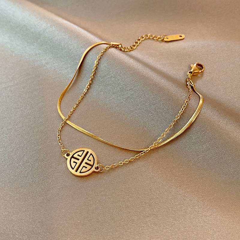 Vòng Tay Hai Lớp Bằng Thép Titan Mạ Vàng Phong Cách Hàn Quốc Đơn Giản Chất Lượng Cao Không Phai EDFJ