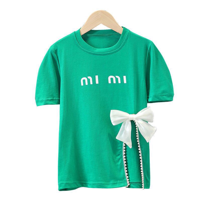 Áo Thun Tay Ngắn Đính Nơ Thời Trang Mùa Hè Phong Cách Mới Cho Bé Gái
