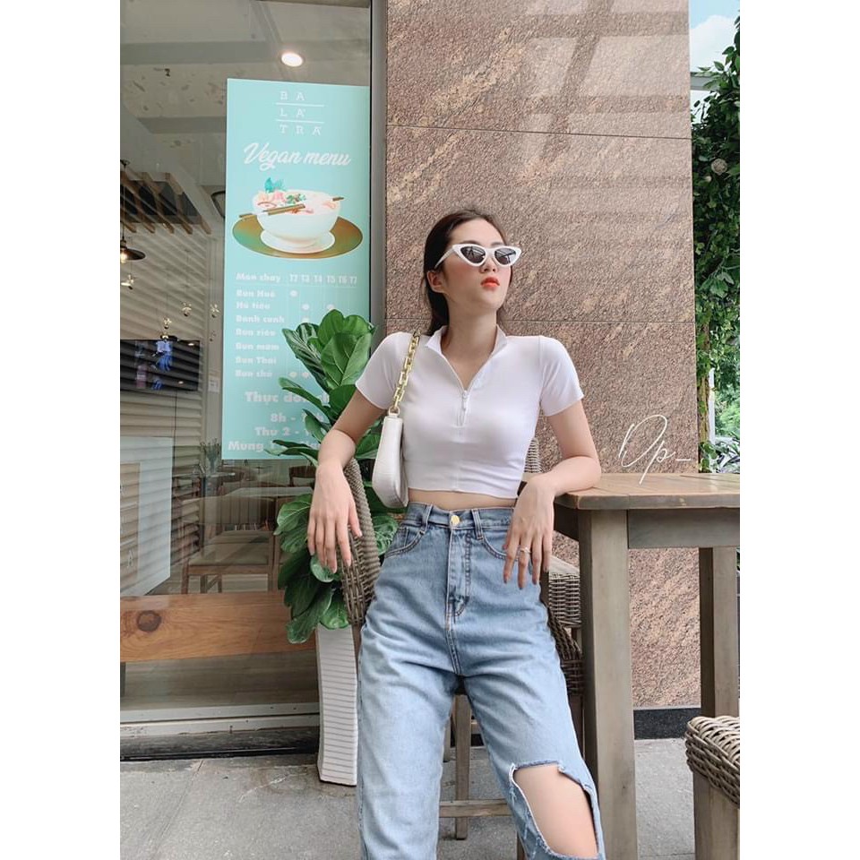 áo thun nữ body croptop kiểu kèm dây kéo cổ