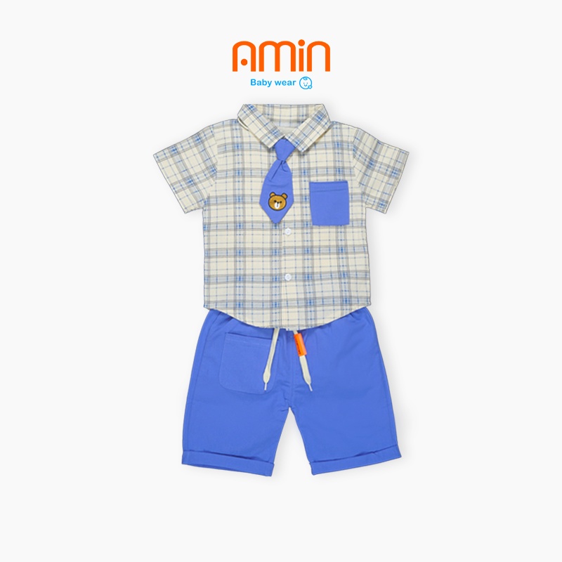 Set đồ bé trai 1-3 tuổi dễ thương áo sơ mi caro cộc tay quần thun ngắn và cà vạt phong cách Hàn Quốc