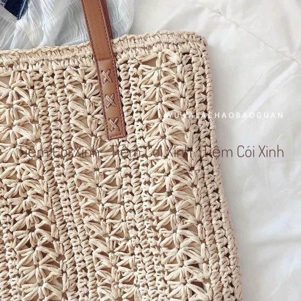 Túi Cói Tote Vintage Đi Biển Đeo Vai Dáng Chữ Nhật Dây Da Lót Vải Và Dây Kéo Gấp Gọn Dễ Dàng