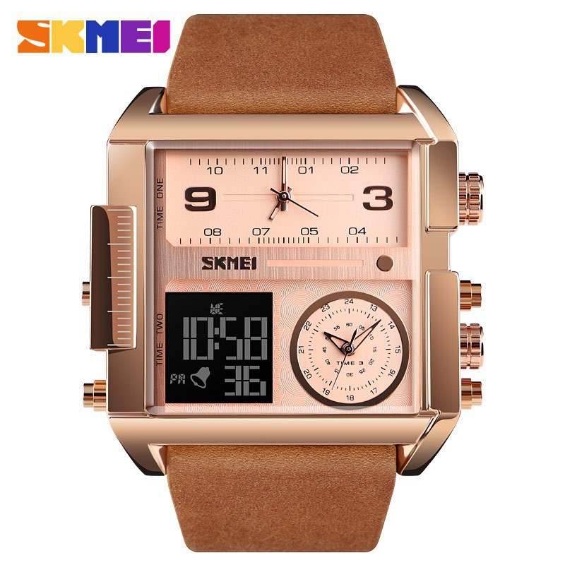 Đồng hồ nam chính hãng cao cấp SKMEI dây da xịn, mặt chữ nhật sang trọng, số giờ điện tử và truyền thống đôc đáo
