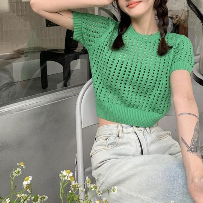 Áo Croptop Dệt Kim Tay Ngắn Cổ Tròn Màu Trơn Thời Trang Mùa Hè Cho Nữ