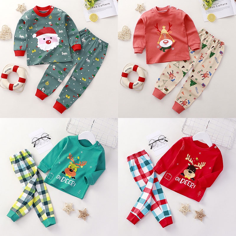 Bộ Đồ Ngủ 100% Cotton Tay Dài Cổ Tròn In Họa Tiết Tuần Lộc Giáng Sinh Phong Cách Hàn Quốc Cho Bé