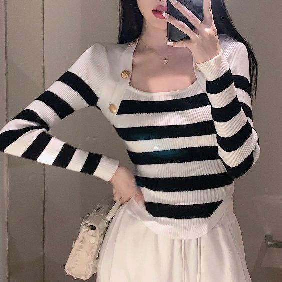 COZOK Áo sweater Tay Dài Dáng Ôm Kẻ Sọc Thời Trang Dễ Phối Đồ