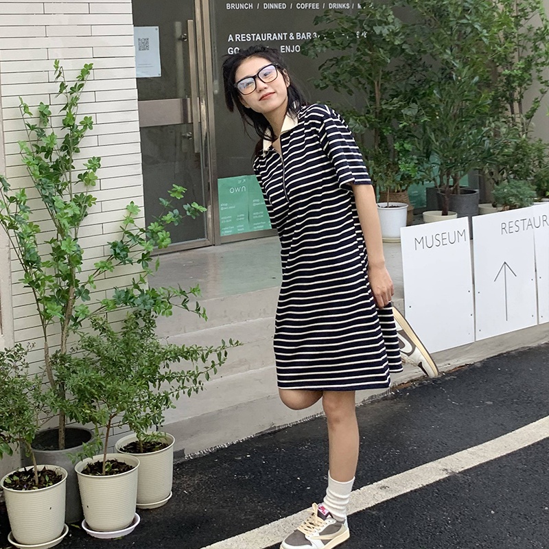 Đầm polo ZHELIHANGFEI dệt kim ngắn tay dáng rộng kẻ sọc cá tính thời trang