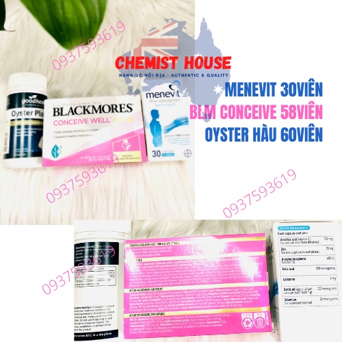 [Hàng chuẩn Úc] Combo Thụ Thai 3 món (Menevit + Hàu Oyster Plus + Blackmores Conceive Well Gold) HSD 2022,2023 | Thế Giới Skin Care