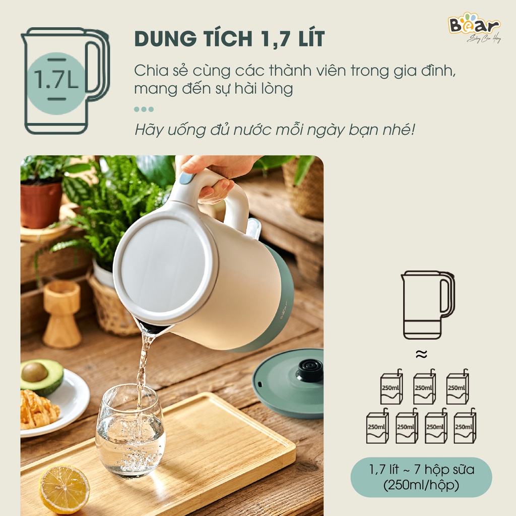 Ấm đun siêu tốc Bear ZDH-Q17B1, Dung tích 1.7 lít, Công suất 1800W, 3 lớp, nấu nước sôi nhanh, sử dụng inox 304 cao cấp