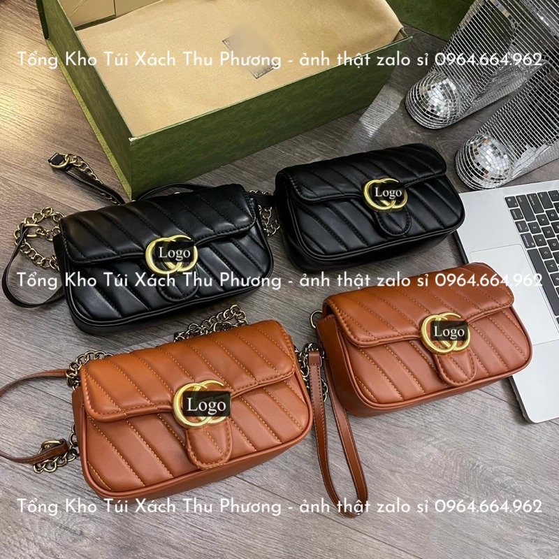 Túi G gân chéo da mềm size 22 đính logo vàng nổi đựng được nhiều đồ (hàng loại 1 - cam kết chuẩn hình)