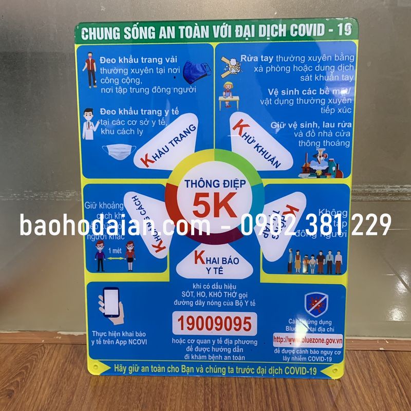 Poster/bảng thông điệp 5K phòng chống Covid chất liệu mica dán decal kích thước 30 x 40cm