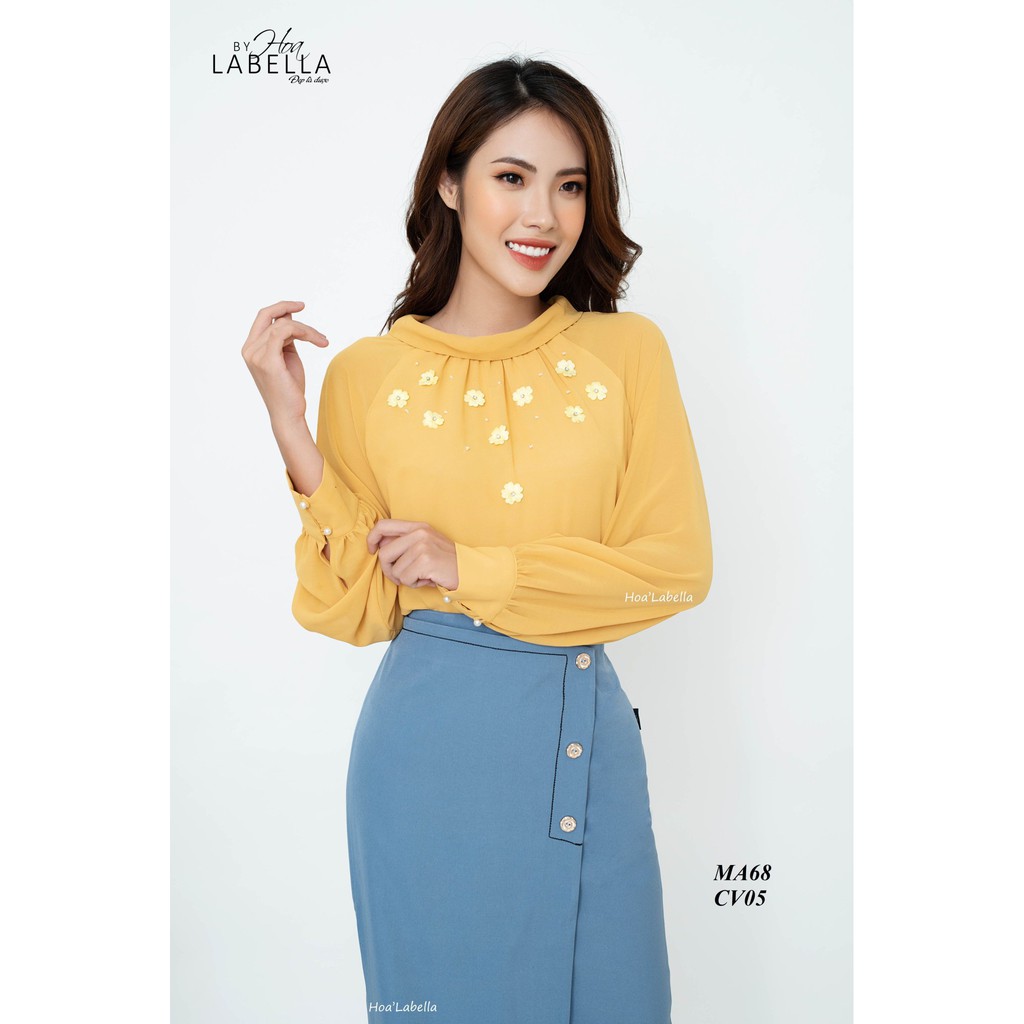 ÁO SƠ MI HOA'LABELLA - Sơ mi thiết kế lụa cổ thuyền, đính kết hoa thủ công mới là (MA68)