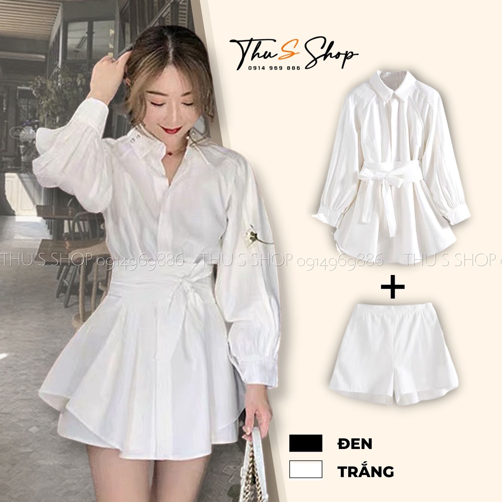 Set Váy Sơ Mi Suông Kèm Đai Buộc Tôn Dáng, Sơ Mi Kèm Quần Váy Chất Mềm Mịn THUS SV1C1
