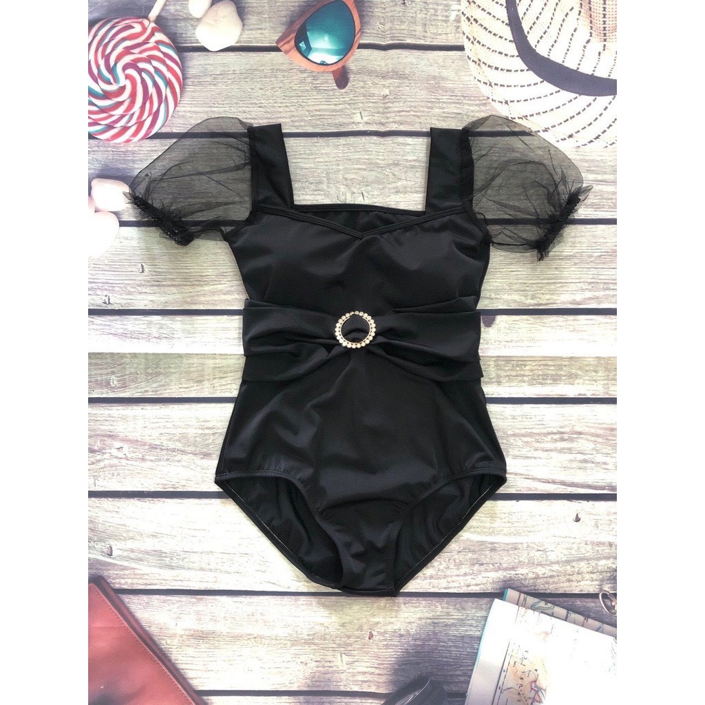 Bikini 1 mảnh Khoen Đá Tya Lưới, Bodysuit Áo Tắm Cổ Vuông Đen Đơn Giản [Ảnh Chụp Thật] - OS091