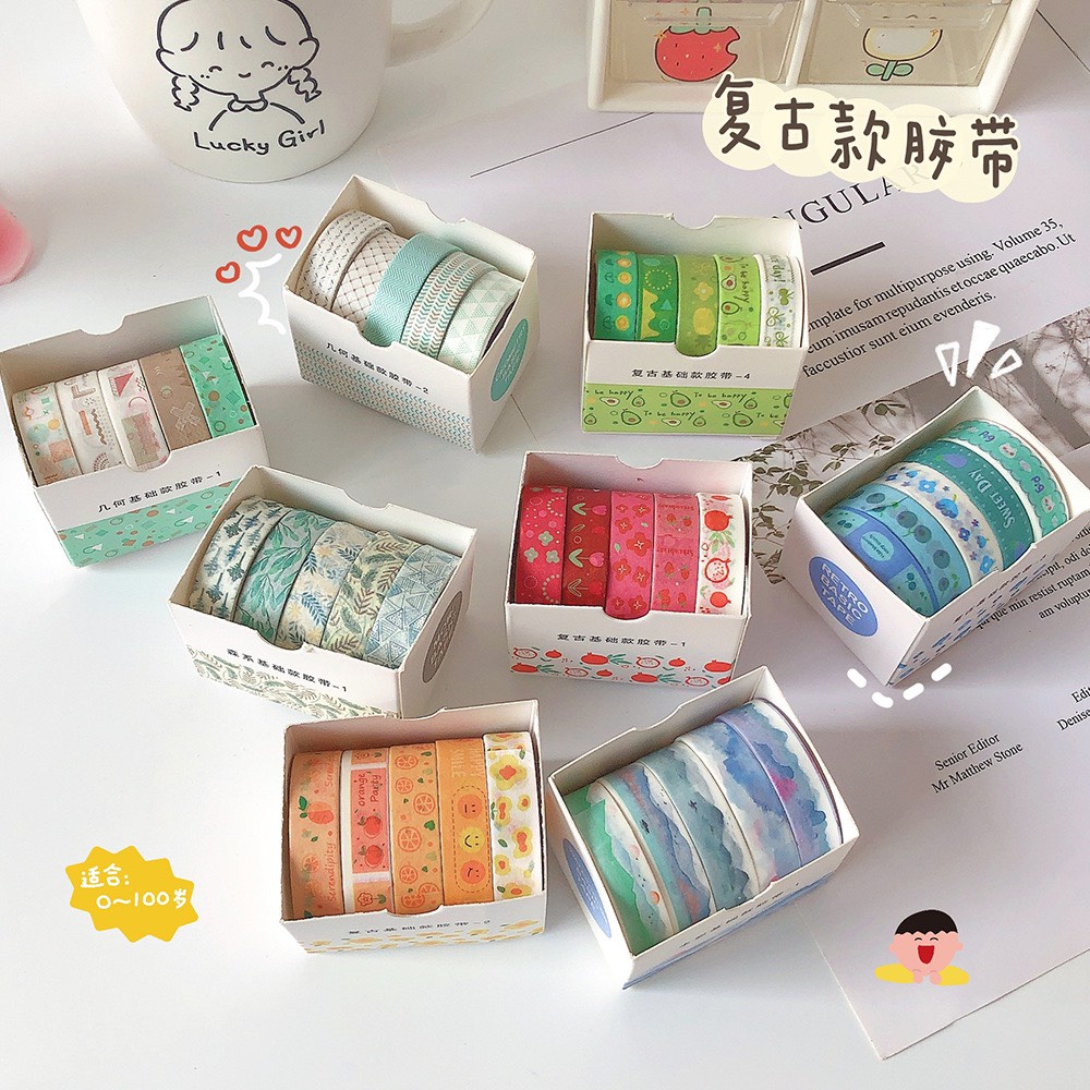 Hộp 5 chiếc washi họa tiết dễ thương trang trí dán sticker, sổ bullet journal - Tanpopo sticker