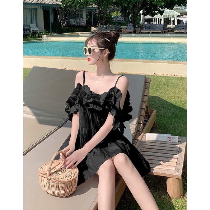 Váy Nữ Trễ Vai Kèm Dây Buộc Cổ Chất Liệu Đũi Mềm Mịn Không Nhăn, Đầm trắng trễ vai kiểu dáng công chúa dập ly đi dự | BigBuy360 - bigbuy360.vn
